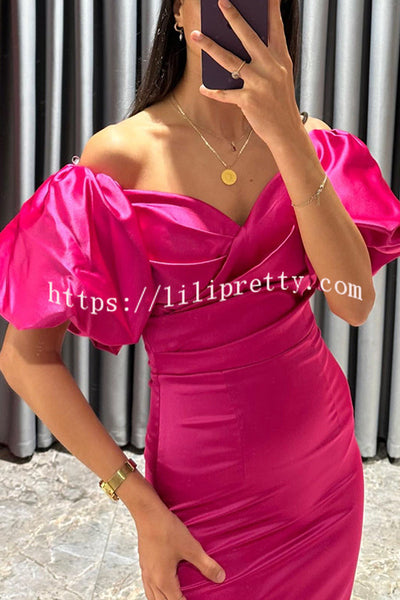 Talk Sweetly Satin Puff Sleeve Ruched Bust Formal Midi Dress