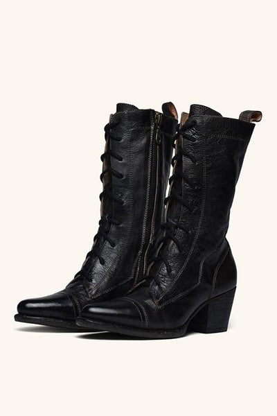 Viantage Leather Lace Up Chunky Heel Boots - girlyrose.com