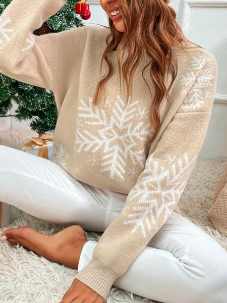 Festival Long Sleeves Snowflake Crochet Round-Neck Sweater Tops