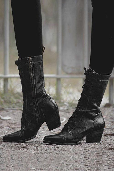 Viantage Leather Lace Up Chunky Heel Boots - girlyrose.com