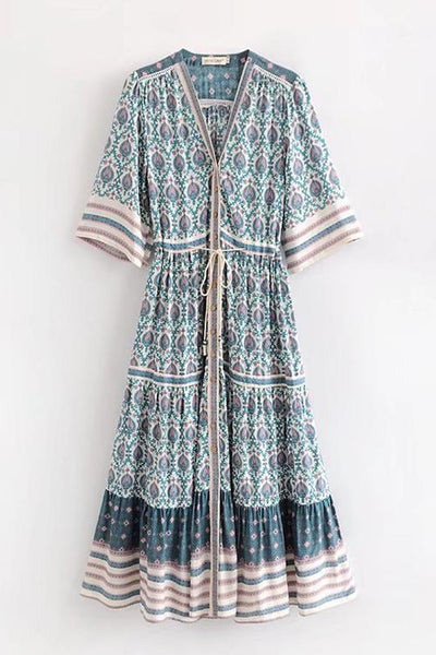 Print V Neck Short Sleeve Maxi Dress - girlyrose.com