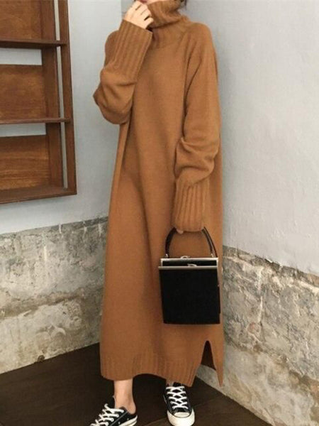 Casual Loose Long Sleeves Solid Color High-Neck Maxi Sweater Dresses