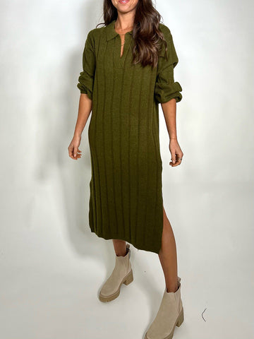 Simple Long Sleeves Crochet Jacquard Polo Sweater Maxi Dresses