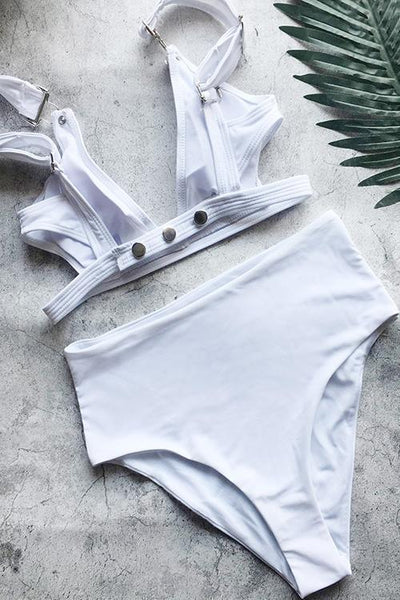Solid Hollow High Waist Bikini Set - girlyrose.com
