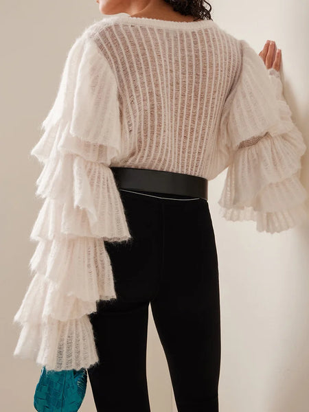Fashion Loose Ruffled Plain Bordered Round-Neck Sweater Tops