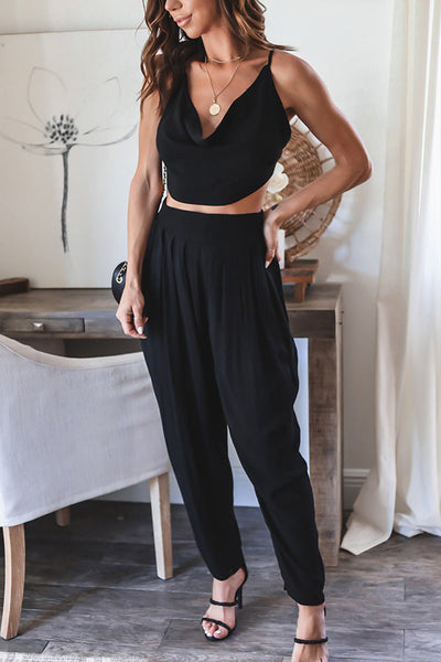 Cowl Neck Open Back Top Pleated Pants Suit