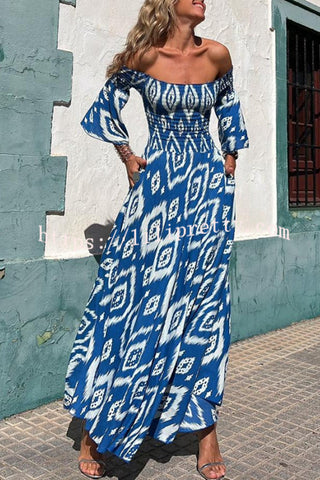 Close To The Vacation Ethnic Print Smocked Off Shoulder Pocketed Maxi Dress