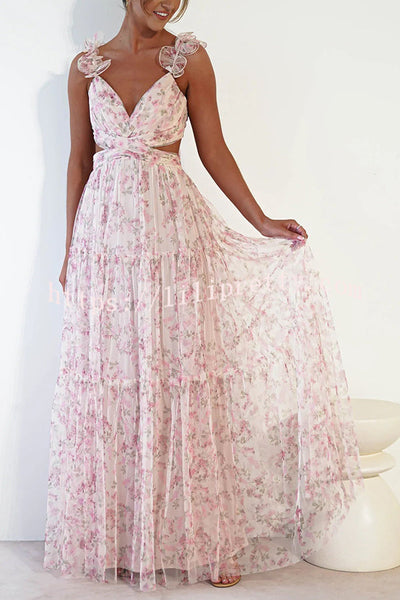 Garden Fairy Tulle Floral Ruffle Detail Cutout Waist Back Tie-up Maxi Dress