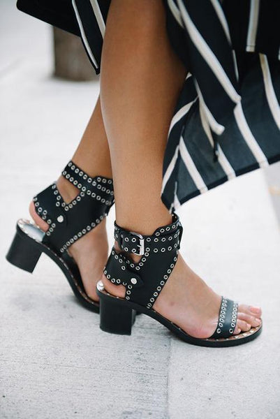 Open Toe Rivet Chunky Heeled Sandals