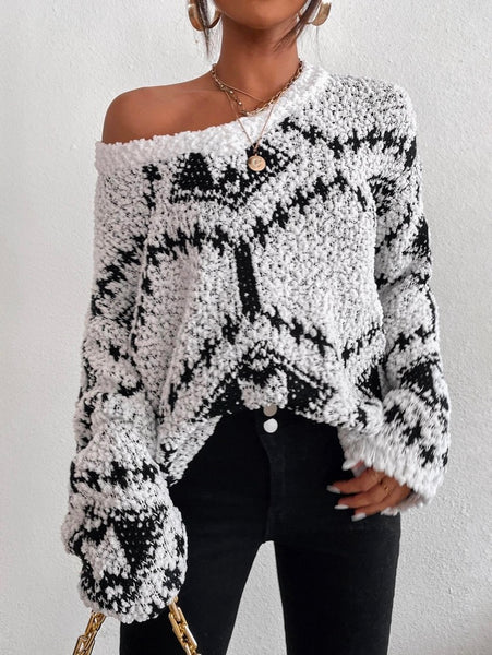 Stylish Loose Long Sleeves Floral Printed Color-Block V-Neck Sweater Tops