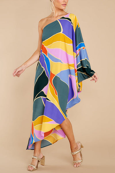 Multi Print Asymmetrical One Shoulder Dress