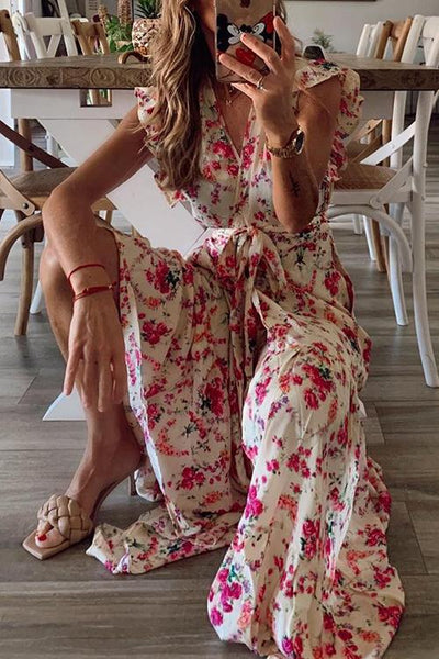 Floral Print Ruffles Maxi Wrap Dress - girlyrose.com