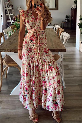 Floral Print Ruffles Maxi Wrap Dress - girlyrose.com