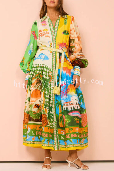 Lilipretty A World of Colour Unique Print Balloon Sleeve Belt Shirt Midi Dress