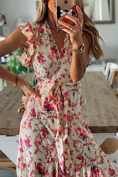 Floral Print Ruffles Maxi Wrap Dress - girlyrose.com