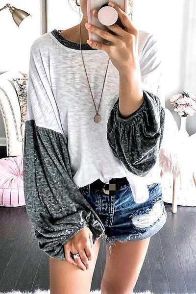 Patchwork Puff Sleeve T Shirt - girlyrose.com
