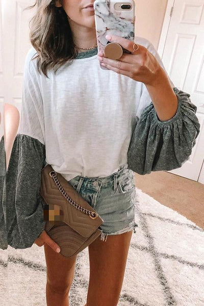 Patchwork Puff Sleeve T Shirt - girlyrose.com
