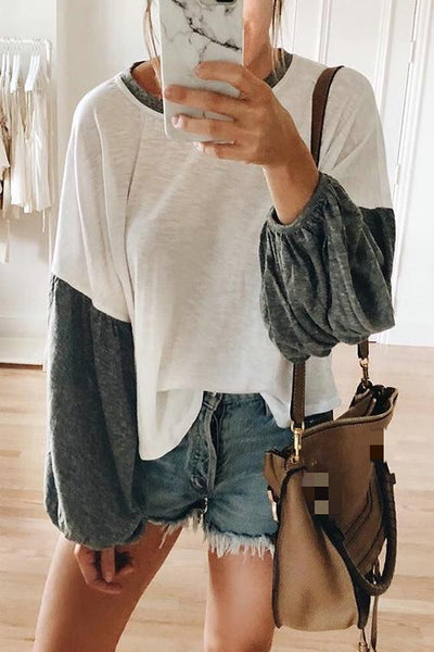 Patchwork Puff Sleeve T Shirt - girlyrose.com