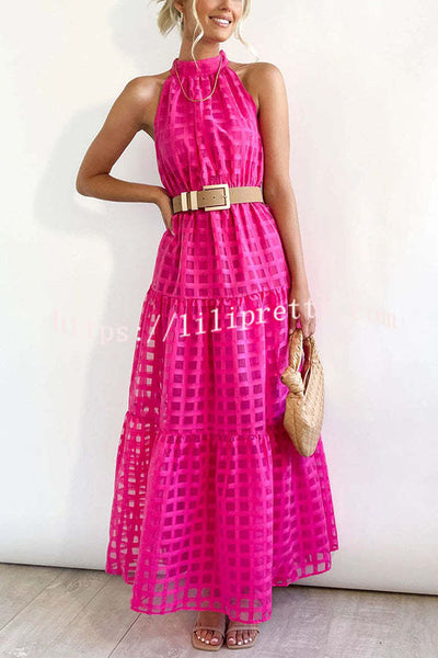 Elena Tulle Square Patterned Fabric Belted Halter Maxi Dress