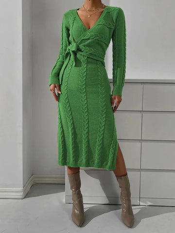 Stylish Long Sleeves Bandage Crochet Jacquard V-Neck Maxi Sweater Dresses