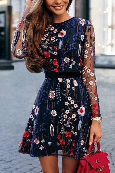 Embroidery O Neck Mini Dress - girlyrose.com