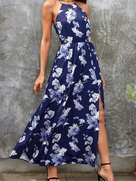 Spring and Summer New Hanging Neck Ties Open Fork Casual Vacation Print High Waist Long Skirt Elegant Wind Dress Female Kmmey