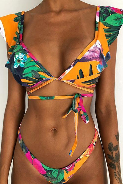 Print Ruffles Cross Bikini Set - girlyrose.com