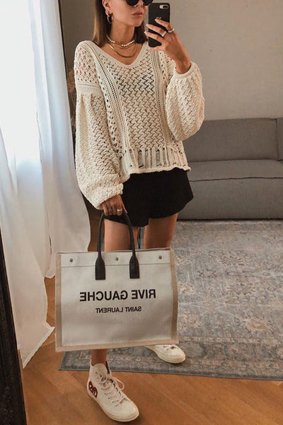 Hollow V Neck Puff Sleeve Sweater