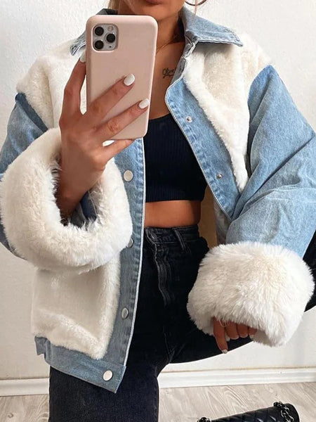 Fashion Contrast Color Buttoned Lambskin Warmth Jacket