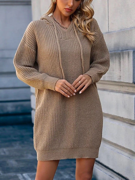 Leisure Long Sleeves Loose Crochet Hooded Sweater Dresses
