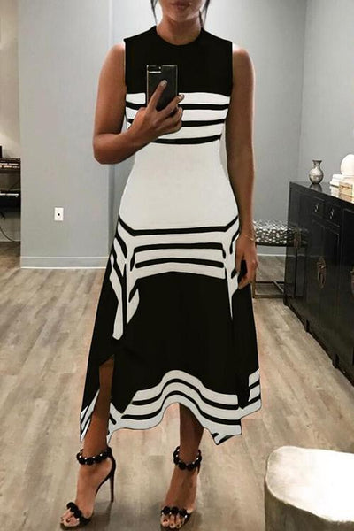 Color Block Sleeveless Midi A-line Dress - girlyrose.com