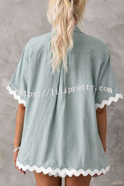 Harry Waved Trim Button Loose Shirt and Elastic Waist Pocketed Shorts Set
