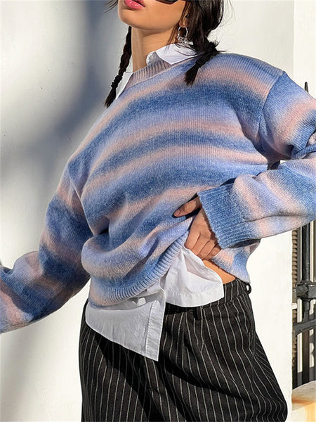 Rainbow Stripe Gradient Color Round Neck Long Sleeve Casual Jumper Sweater-Corachic