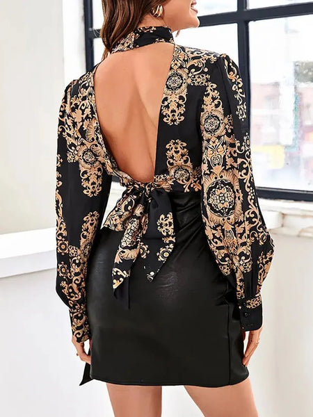 Stylish Retro Floral Printed Hollow Backless Round-Neck Blouses&Shirts Tops