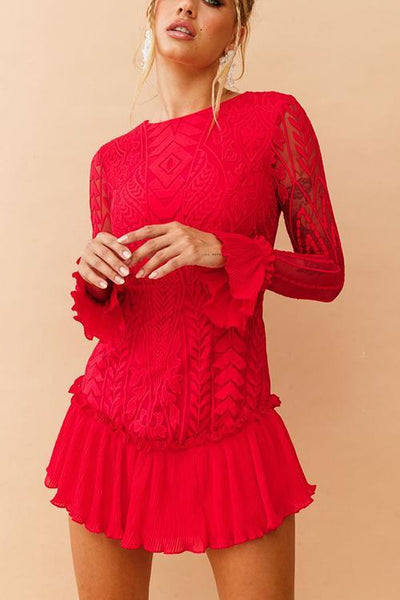 Lace Pleated Long Sleeve Ruffle Dress