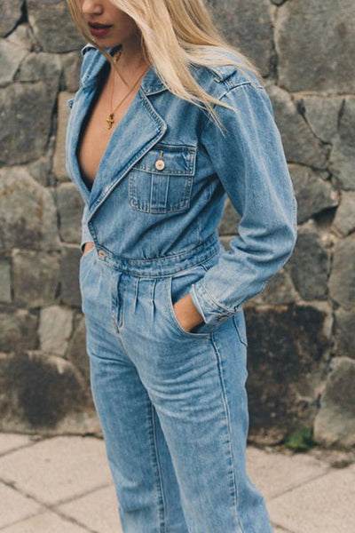 Lapel Pockets Slim Denim Jumpsuit