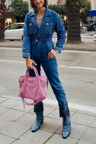 Lapel Pockets Slim Denim Jumpsuit