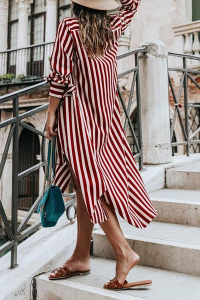 Stripe Side Slit Belted Shirt