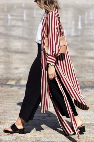 Stripe Side Slit Belted Shirt