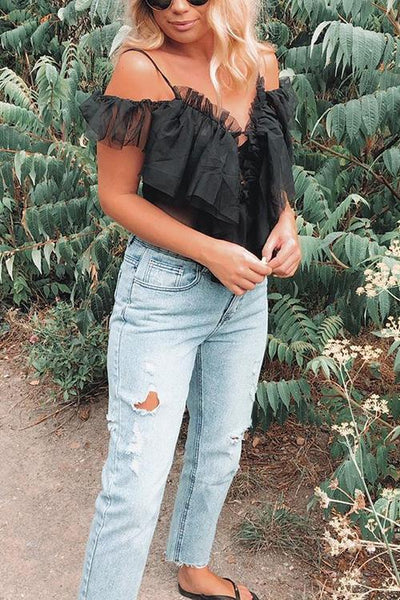 Off Shoulder Lace Up Layer Top