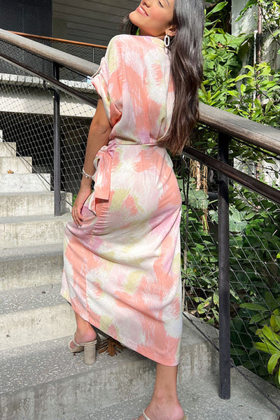 Night Out On The Town Coral Abstract Midi Dress