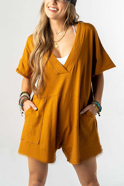 Deep V Neck Solid Color Romper