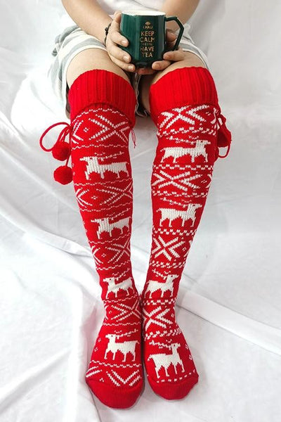 Christmas Elk Over Knee Knitted Hairball Socks