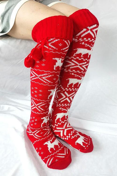 Christmas Elk Over Knee Knitted Hairball Socks