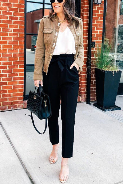 Pockets Belted Straight-leg Pants