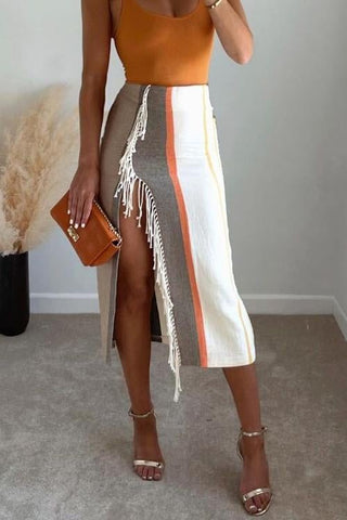 Stripe Tassels Slit Skirts