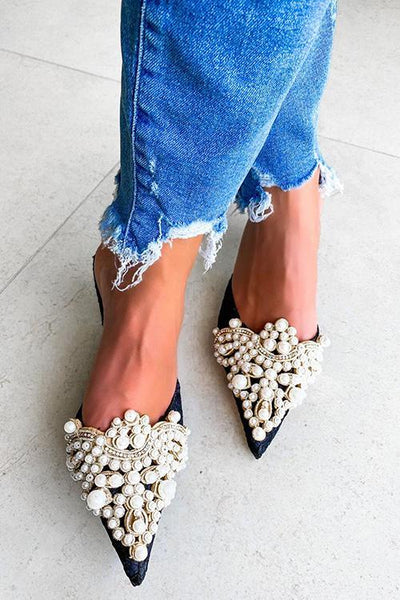 Pearl Lace High Heel Mules - girlyrose.com