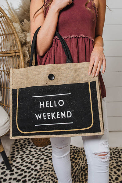 HELLO WEEKEND Jute Tote Bag