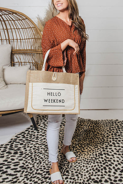 HELLO WEEKEND Jute Tote Bag