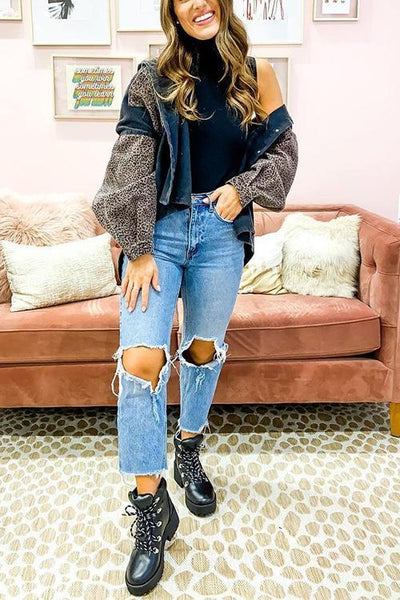 Leopard Patchwork Denim Jackets - girlyrose.com